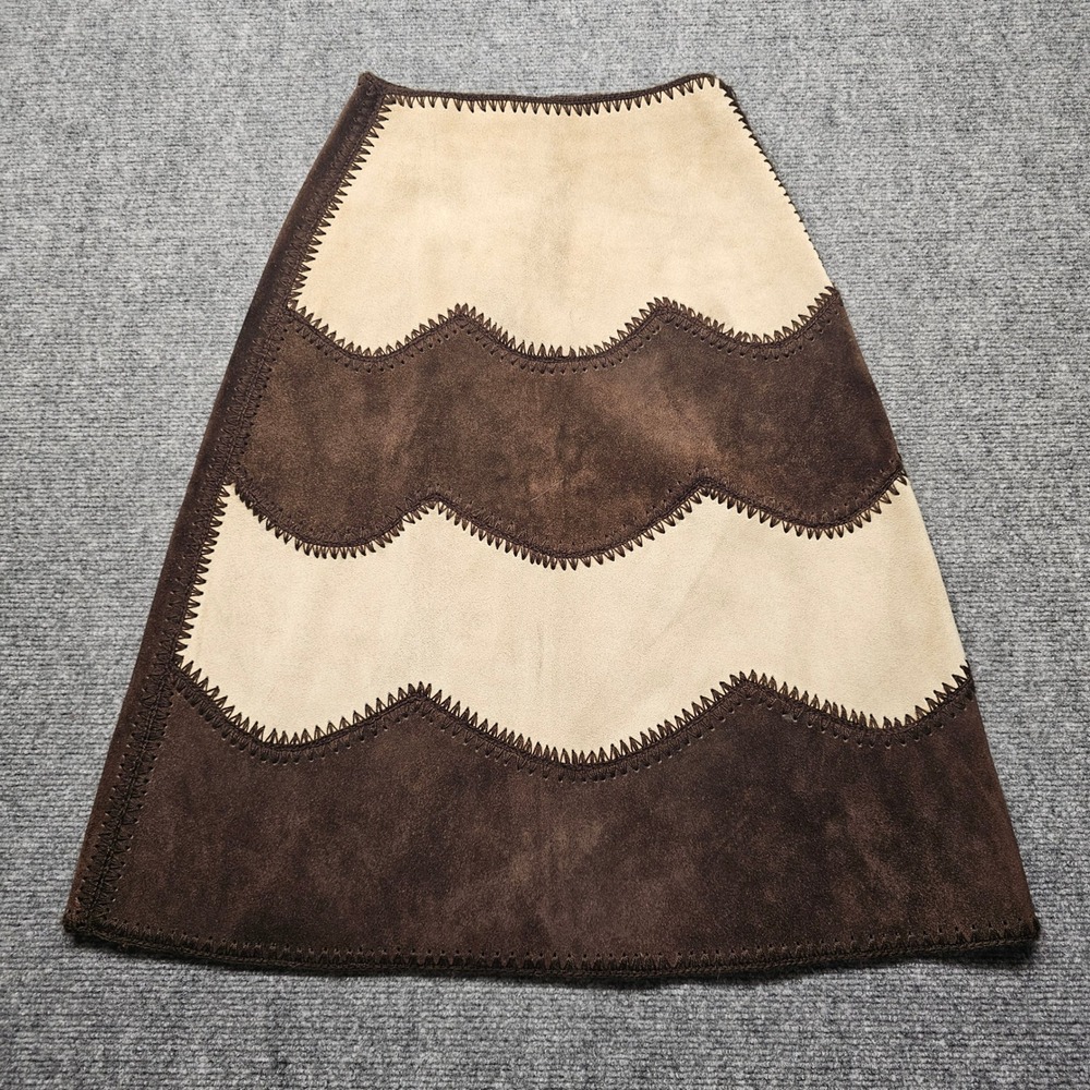 Handmade Brown Suede Leather Scalloped Wave Whipstitch A-Line Midi Skirt Boho